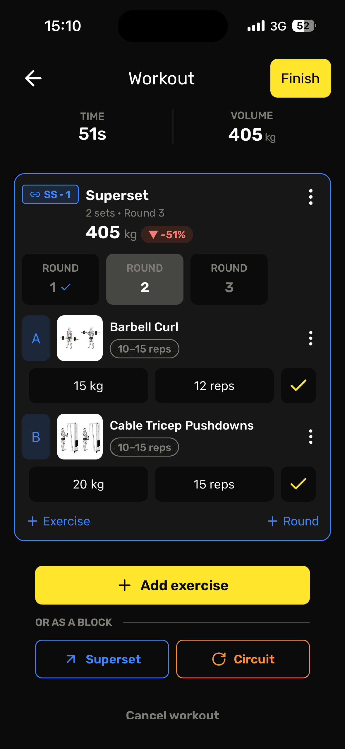 MuscleLab app screen: Use advanced blocks when they help