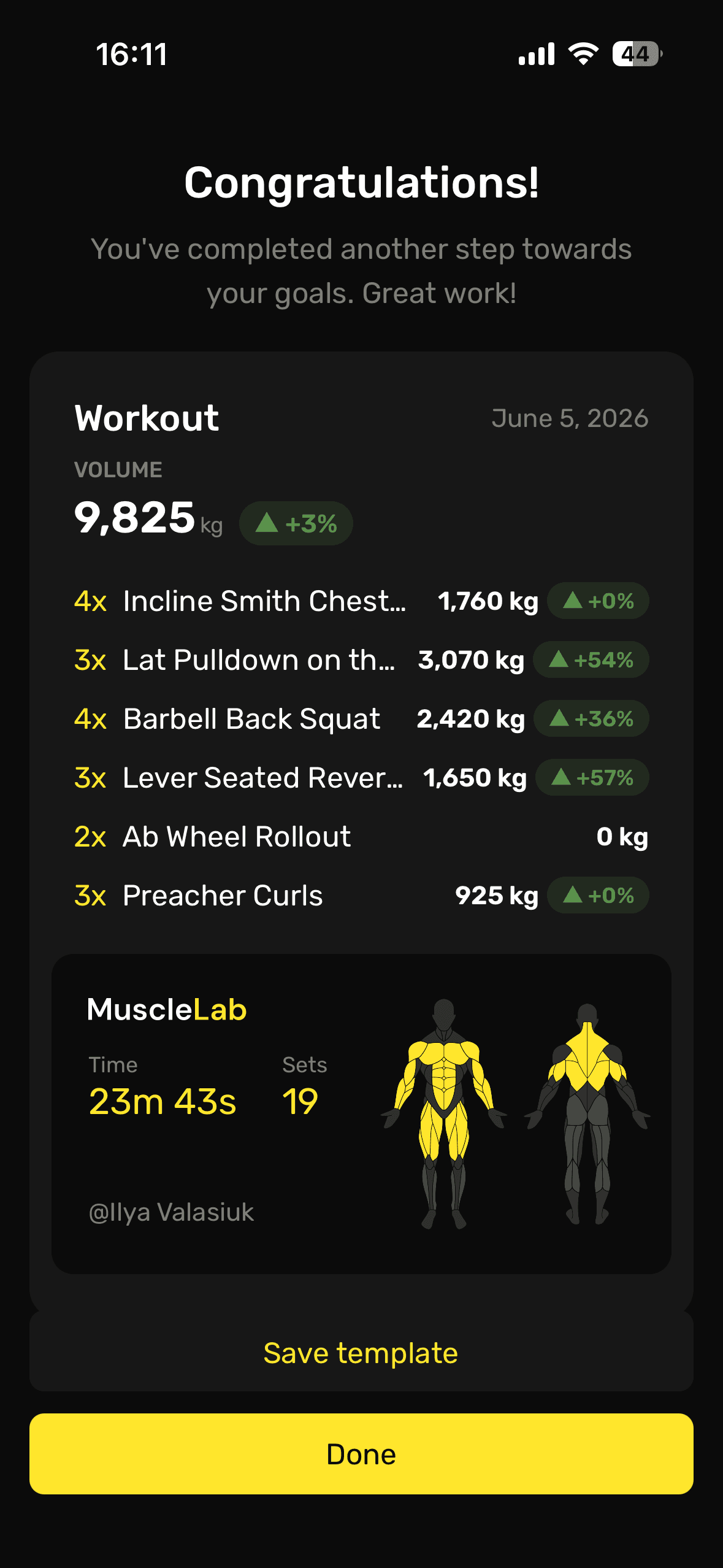 MuscleLab app screen: Finish with a clear summary