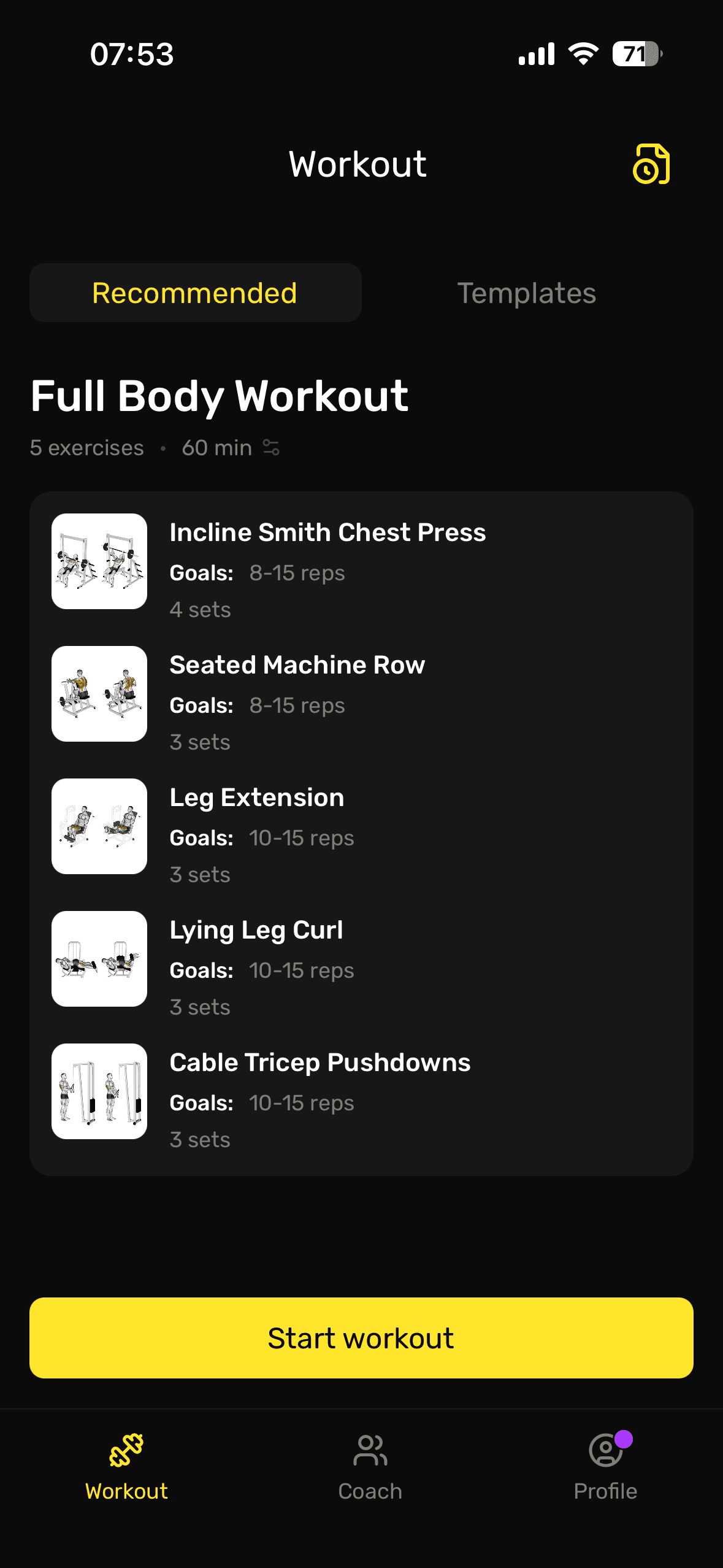 MuscleLab app screen: Start today's session without overthinking it